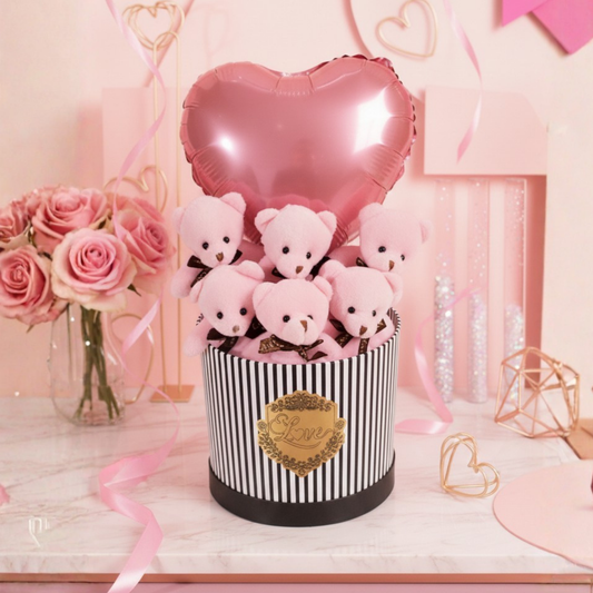 Rose Gold Kalp Balonlu Sevimli Pembe Peluş Ayıcık Buketi & Özel Seri Love Hediye Kutusu - Sevgililer Günü & Yıldönümü Hediyesi