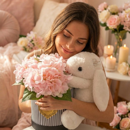 Işıltılı Taçlı Peluş Tavşan ve Pembe Ortancalı "Love" Tasarımlı Silindir Hediye Kutusu