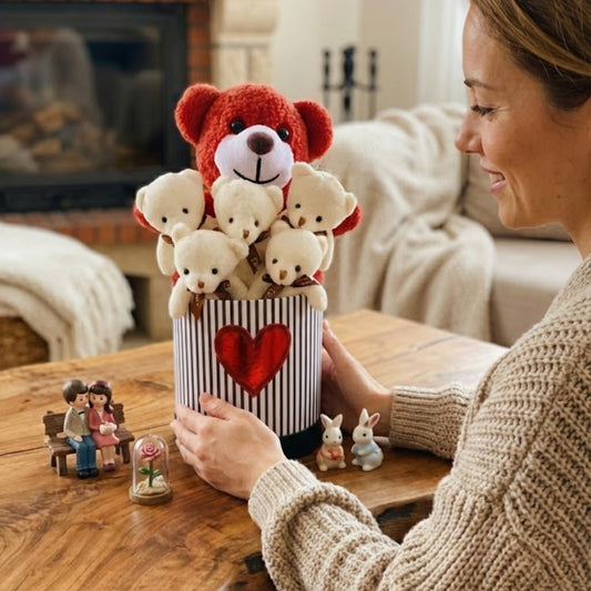 Özel Tasarım Çizgili Kutuda Kalp Detaylı Kırmızı ve Beyaz Peluş Ayıcık Buketi - Sevgililer Günü Özel
