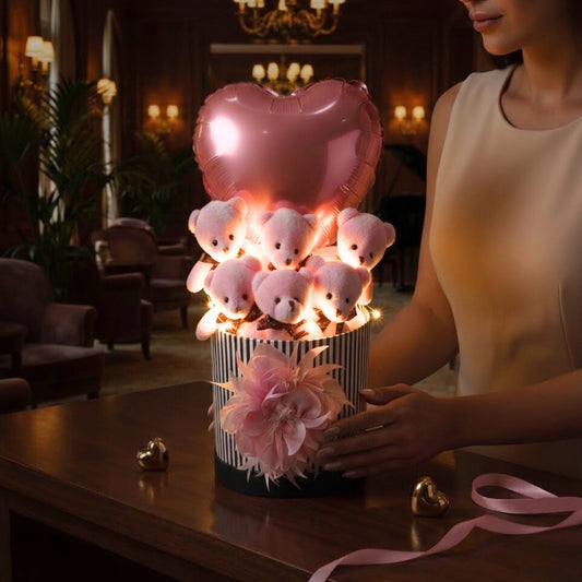 Özel Tasarım Hediye Kutusunda Led Işıklı Kalpli Balonlu Pembe Peluş Ayıcık Buketi