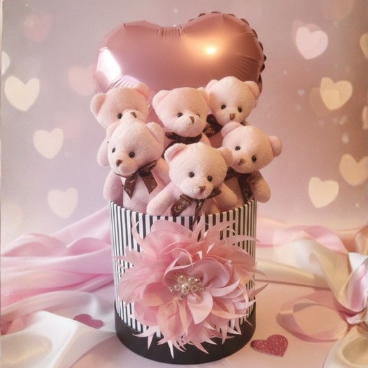 Özel Tasarım Hediye Kutusunda Kalpli Balonlu Pembe Peluş Ayıcık Buketi - Sevgililer Günü & Yıldönümü Hediyesi